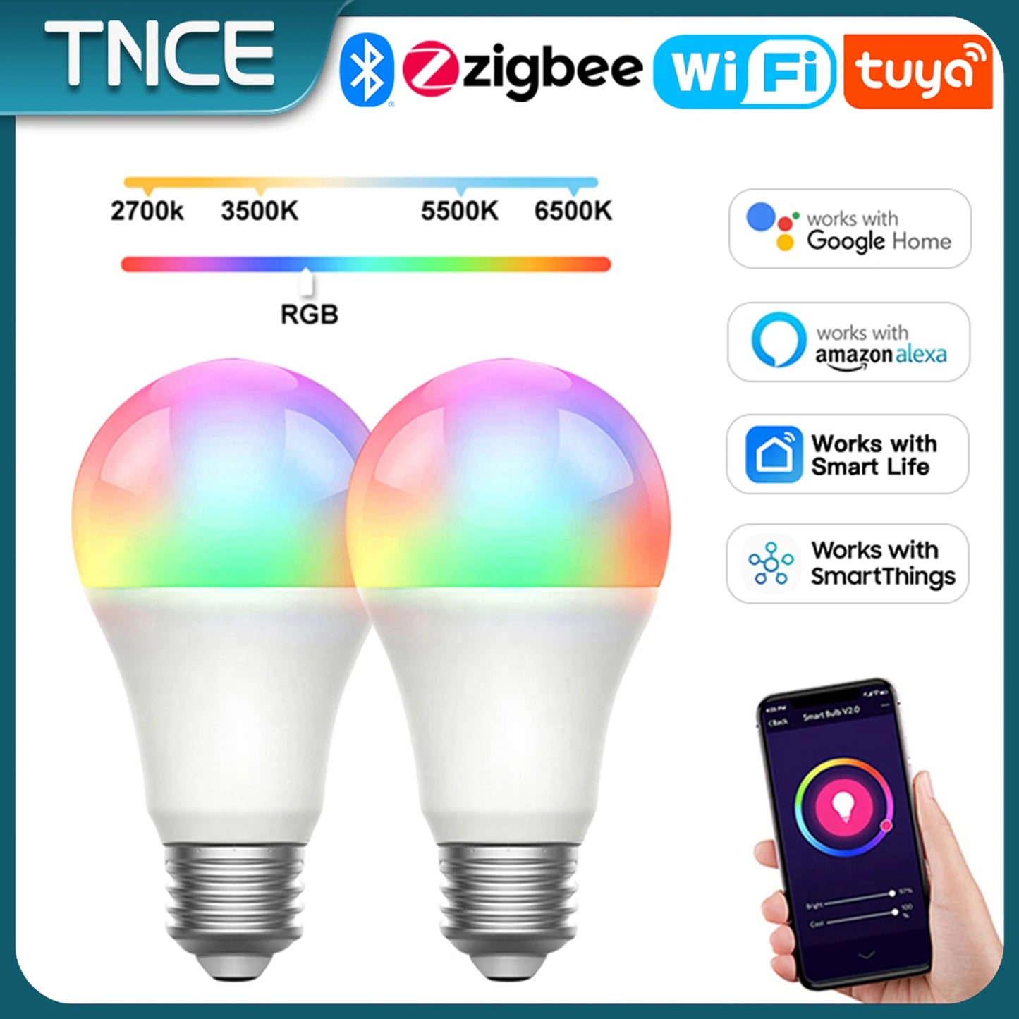 TNCE Tuya E27 Bulb WIFI Zigbee Bluetooth, Dimmable Light LED lamps 2700-6500k RGB, Smart Life APP, Voice with Alexa Google Home