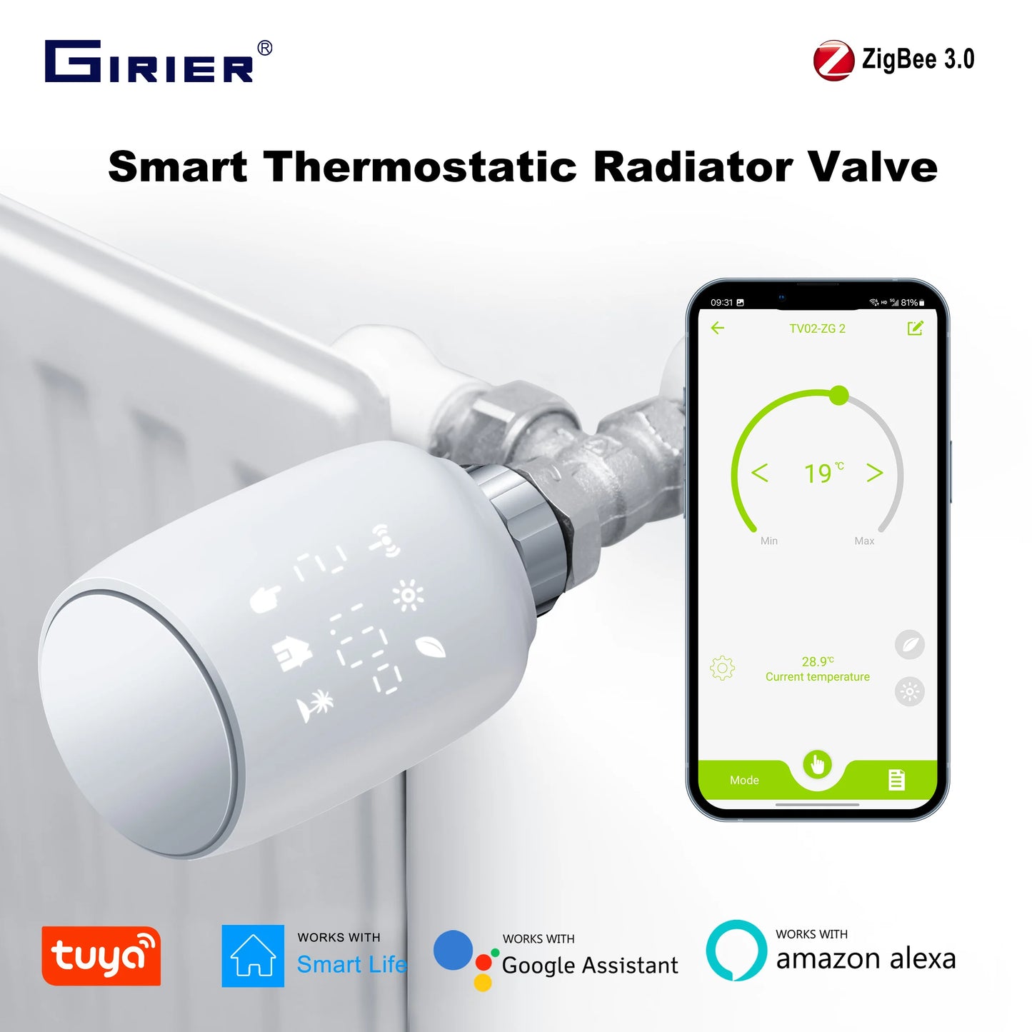 GIRIER TRV ZigBee Thermostatic Radiator Valve Tuya Smart Radiator Thermostat Programmable Temperature Controller Work with Alexa