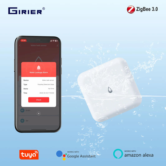 GIRIER Tuya Smart ZigBee Water Leak Detector Wireless Water Leakage Sensor for Home Overflow Monitoring Work with Home Assistant